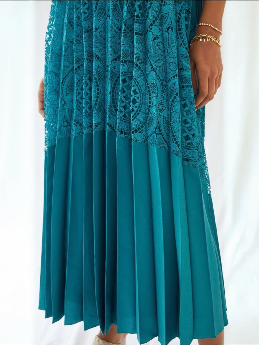 Anthropologie Turquoise Pleated Lace Maxi Dress Square Neck Boho Size Medium NWT - Picture 3 of 5